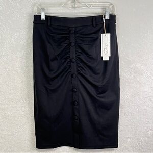 BELLE POQUE NEW Ruched Skirt Womens‎ M Black Pencil Straight Faux Button…